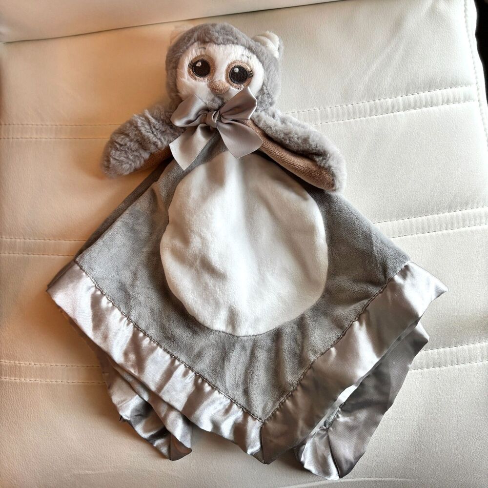 Bearington Baby Satin Trim & Backing Owl Plush Gray Lovey Security Blanket 18"